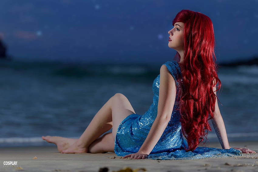 Ariel, azul, modelo, sirena, niña, playa, verano, fantasía, cosplay, pelirroja, princesa, vara fondo de pantalla