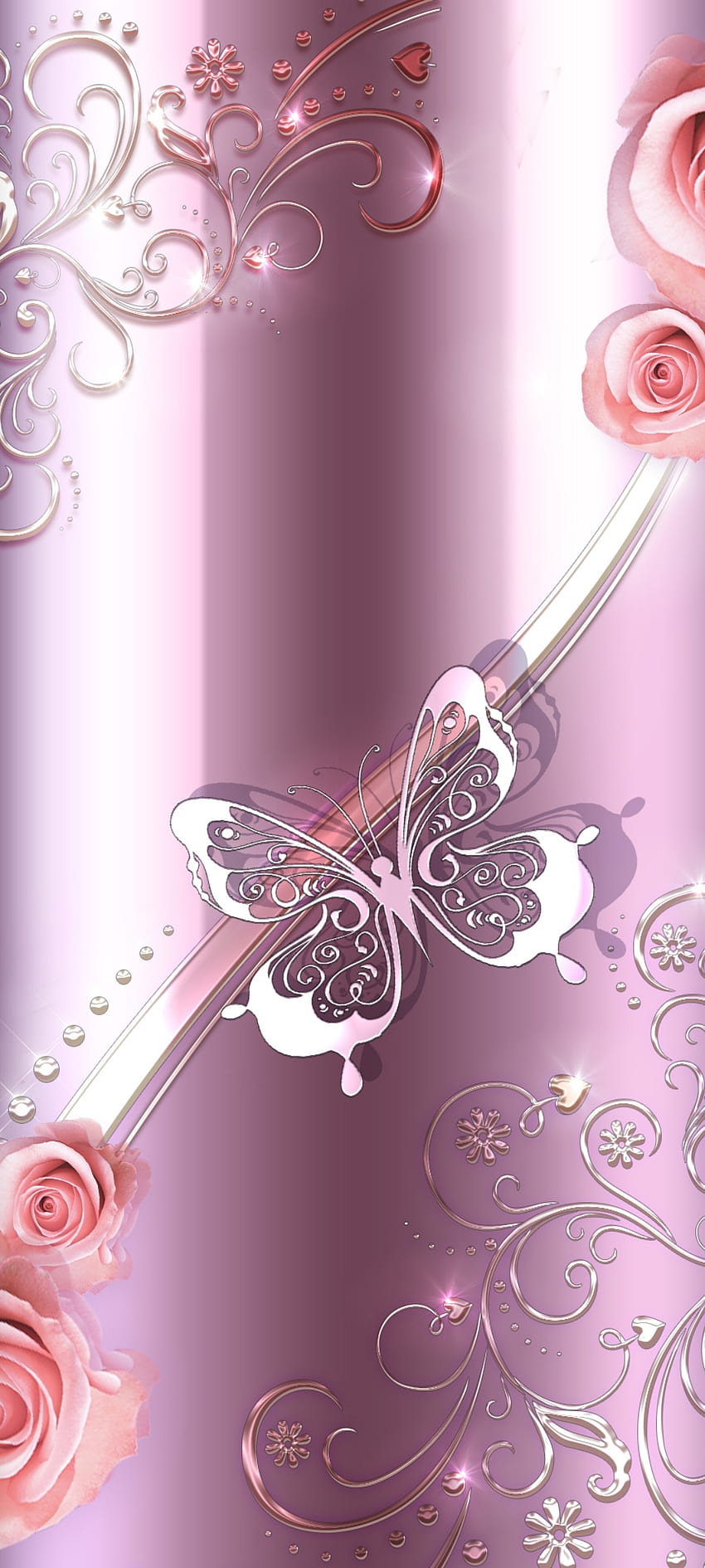 Мигаща пеперуда, цветя, розово, листенца, прашец, метал, лукс, роза HD тапет за телефон
