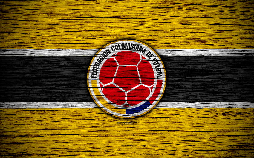Reprezentacja Kolumbii w piłce nożnej, logo, Ameryka Północna, piłka nożna, drewniana tekstura, piłka nożna, Kolumbia, godło, Reprezentacje Ameryki Południowej, Reprezentacja Kolumbii w piłce nożnej z rozdzielczością. Wysoka jakość Tapeta HD
