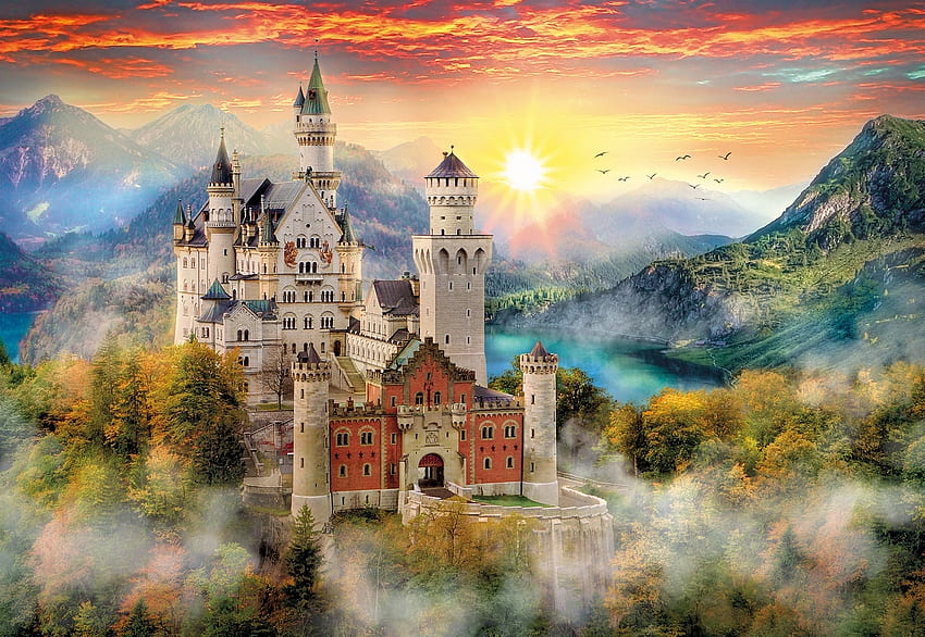 ノイシュバンシュタイン城、色、ドイツ、建物、空、アルプス、山、日没 高画質の壁紙