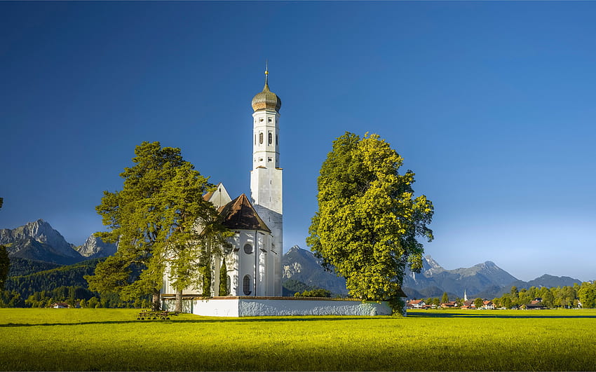 Gereja St Coloman, musim semi, Pegunungan Alpen, pegunungan, Schwangau, Sankt Coloman, Bavaria, Jerman Wallpaper HD