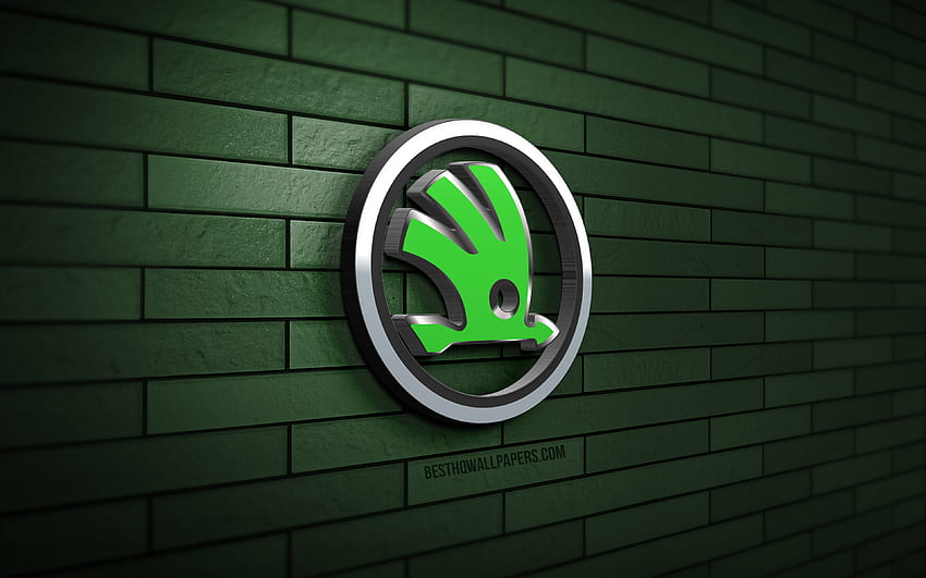 Logotipo 3D de Skoda, pared de ladrillo verde, creativo, marcas de automóviles, logotipo de Skoda, arte 3D, Skoda fondo de pantalla