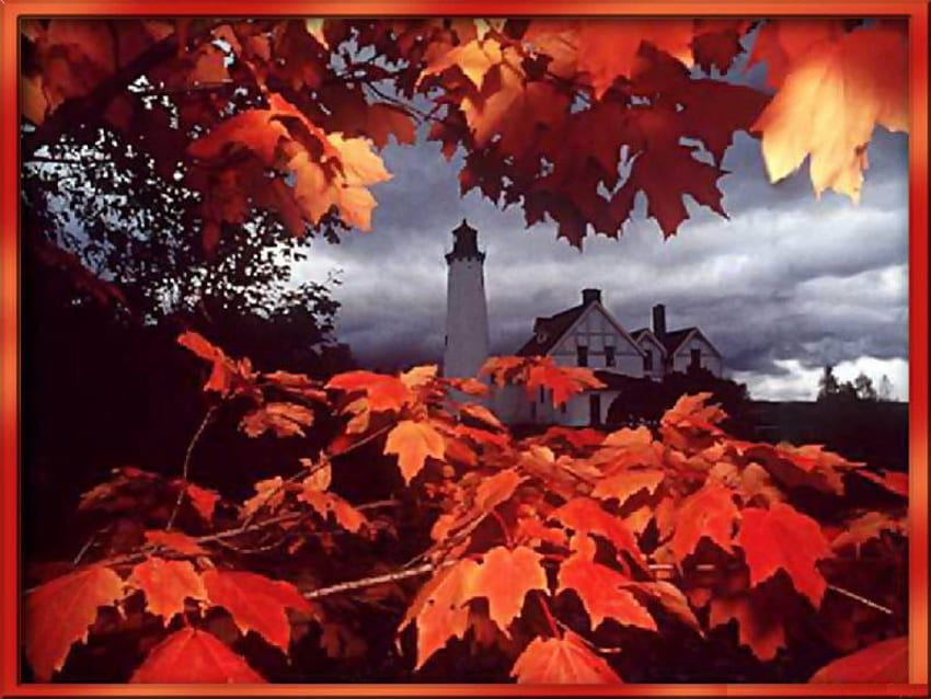 Rotes Blatt, Blätter im Herbst, Turm, Haus HD-Hintergrundbild