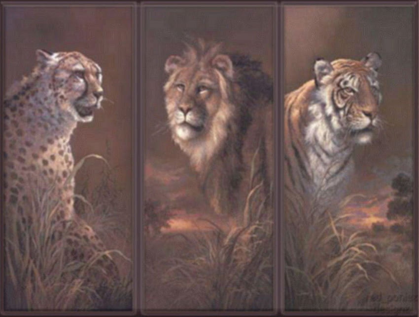 Big tree, tigers, lions HD wallpaper