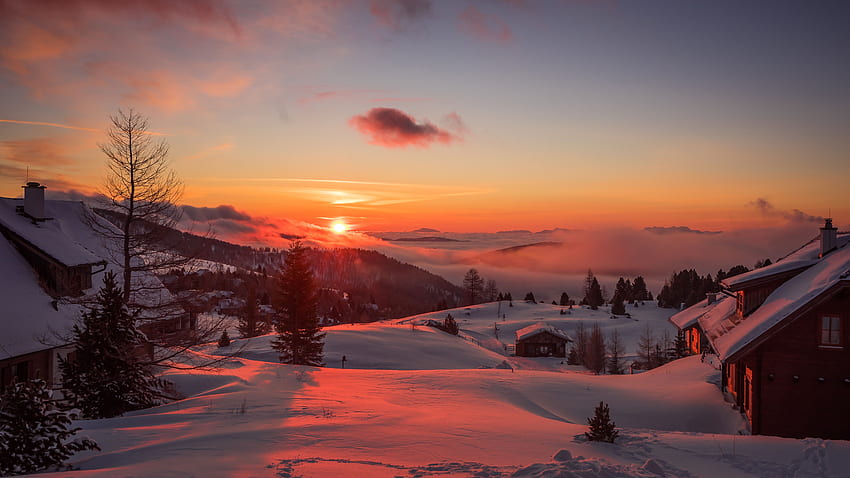 Winter, Nature, Trees, Sunset, Mountains, Austria HD wallpaper