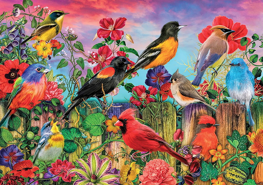 Birds and blooms, blue, colorful, bird, art, garden, orange, summer, painting, flower, red, pasari, vara HD wallpaper