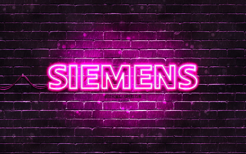 Logo viola Siemens, muro di mattoni viola, logo Siemens, marchi, logo al neon Siemens, Siemens Sfondo HD