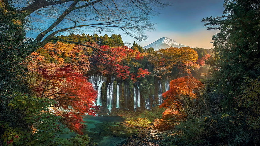 Shiraito Falls, Mount Fuji, Japan, fall, river, leaves, autumn, trees, colors, sky HD wallpaper