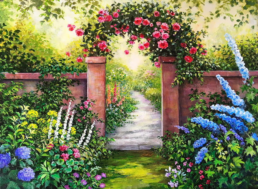 Sambutan bahagia, seni, gerbang, surga, taman, indah, selamat datang, lukisan, lengkungan, gang, bahagia, bunga Wallpaper HD