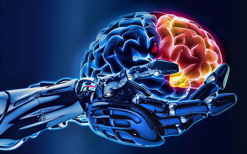 3D 뇌, 금속 팔, 현대 기술, 인공 지능, 로봇, 해상도가 있는 뇌. 고품질 HD 월페이퍼
