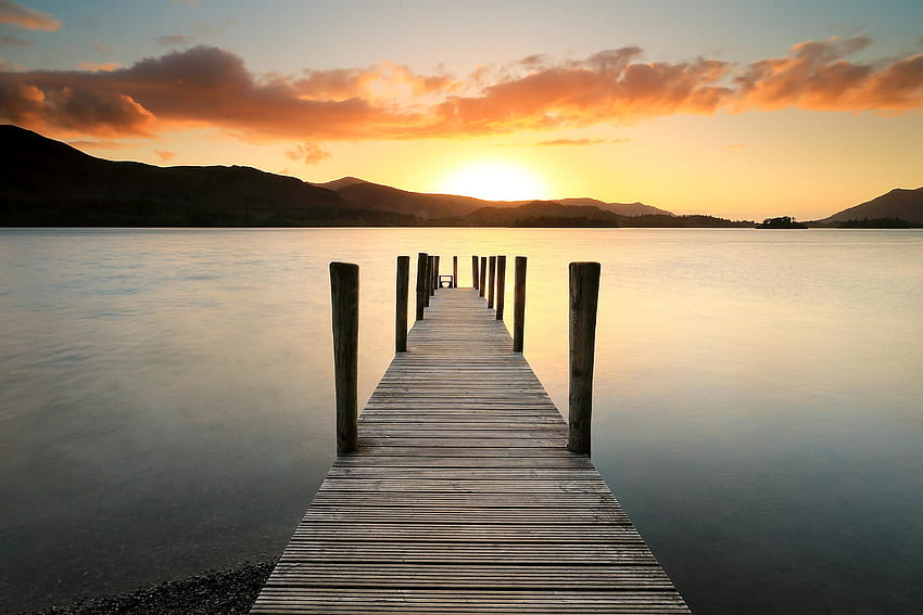Brown wooden boardwalk near body of water during sunset . Flare HD wallpaper