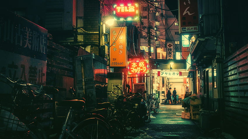 : ville, rue, paysage urbain, nuit, néon, vélo, route, Tokyo Night Skyline Fond d'écran HD