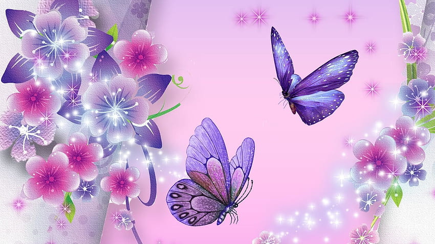 Purple Butterfly background, Pink Roses and Butterfly HD wallpaper