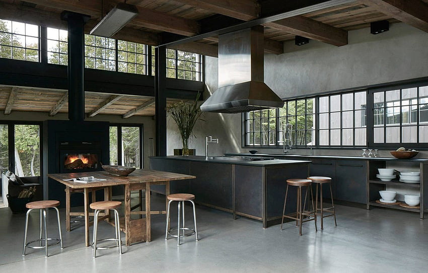 Design, Style, Interior, Kitchen, Fireplace, Dining Room, Rustic Industrial Kitchen Dining Space For , Section интерьер , Rustic Kitchen HD wallpaper