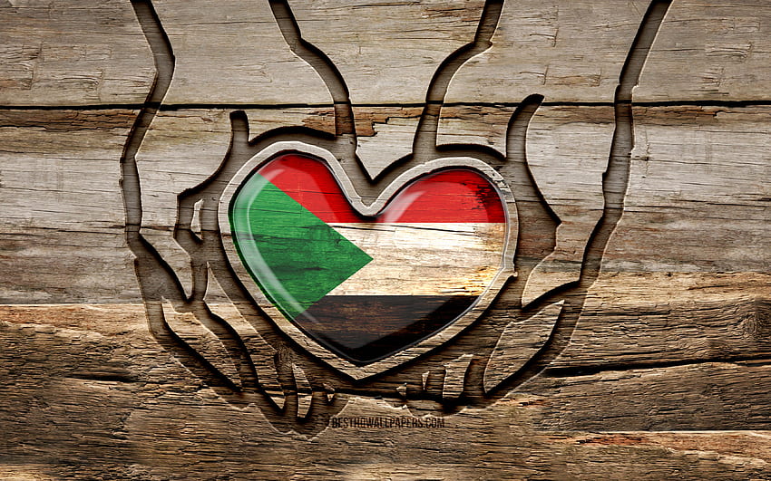 Kocham Sudan, drewniane rzeźbione ręce, dzień Sudanu, flaga Sudanu, flaga Sudanu, Take care Sudan, kreatywny, flaga Sudanu, flaga Sudanu w ręku, rzeźbienie w drewnie, kraje afrykańskie, Sudan Tapeta HD