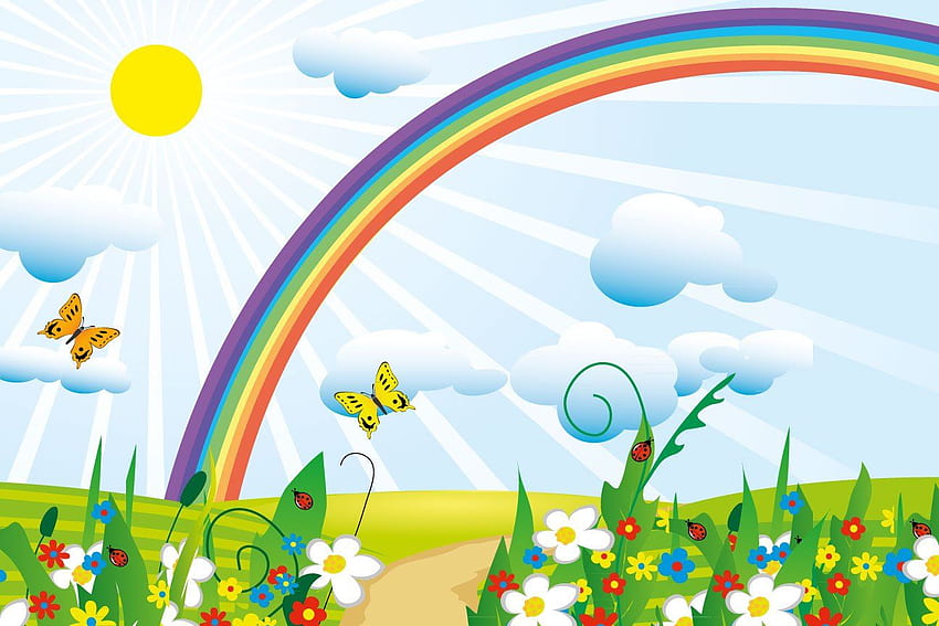 Paredes y murales Paisaje de verano brillante con arco iris Peel and Stick en diferentes tamaños (24