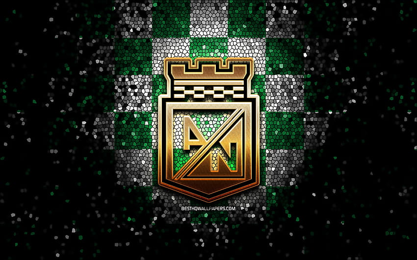 Atletico Nacional FC, glitter logo, Categoria Primera A, green white checkered background, soccer, colombian football club, Atletico Nacional logo, mosaic art, football, Atletico Nacional, Colombian football league HD wallpaper