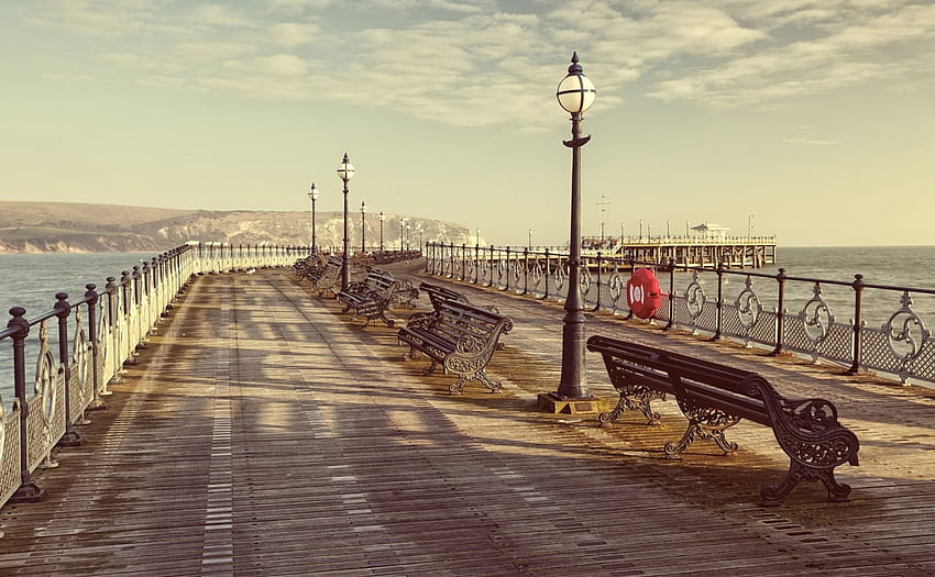 boardwalk and pier in dorset england, sea, boardwalk, lamps, pier, benches HD wallpaper