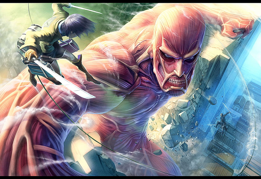 human vs colossus, sword, rope, shingeki no kyojin, grin, fight, destroy, bald, skinless, day, muscles, light, battle, , angry, giant, colossus HD wallpaper