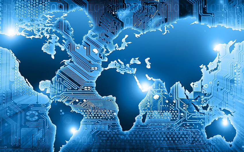 Mappa del mondo della tecnologia blu, mappa del mondo digitale, blu, background tecnologico, concetti di internet, rete, concetti della mappa del mondo con risoluzione. Alta qualità, rete mondiale Sfondo HD