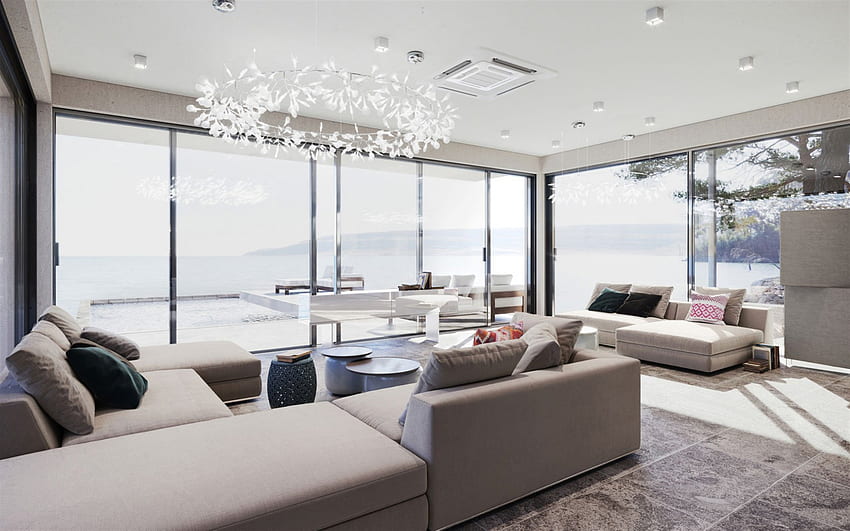 modern iç tasarım, oturma odası, bej geniş kanepe, gri mermer zemin, şık iç tasarım, oturma odası fikri HD duvar kağıdı