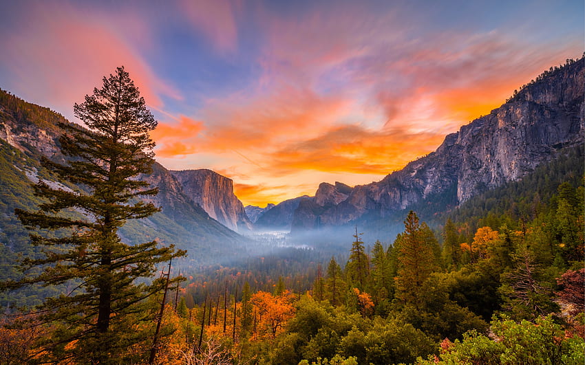 Taman Nasional Yosemite, taman nasional, yosemite, lembah, matahari terbenam Wallpaper HD