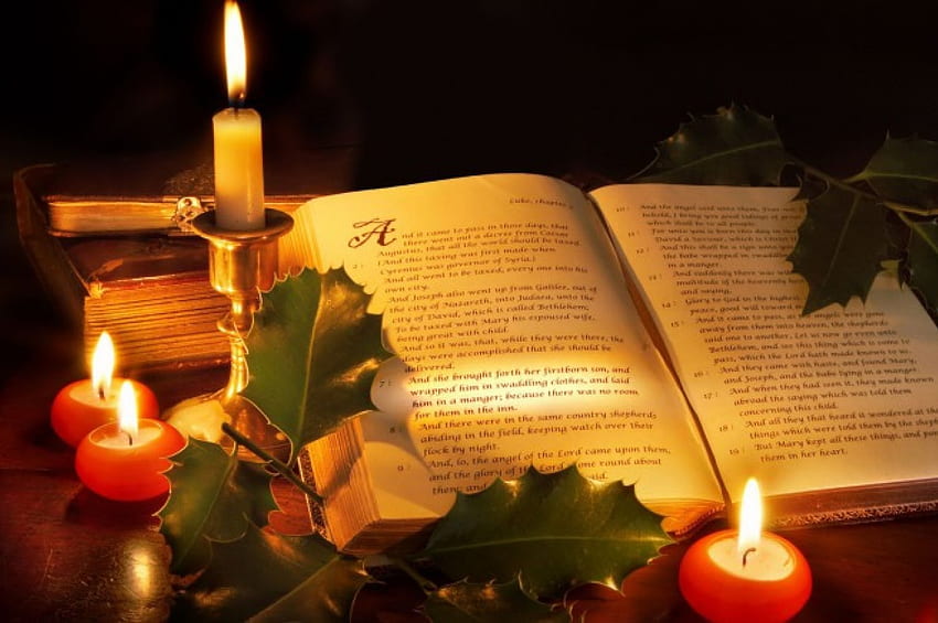 Holy Christmas, room, flame, dark, bible, leaves, book, holiday, candle, light, holy, christmas, pages, desk, new year HD wallpaper