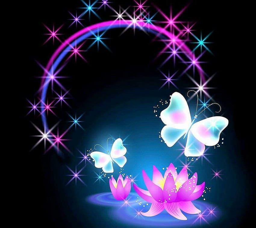 Schmetterling, Lotusblüte, Sterne, Wasser. Schmetterlingshintergrund, Schmetterling, Schmetterlingskunst, Neon Lotus HD-Hintergrundbild