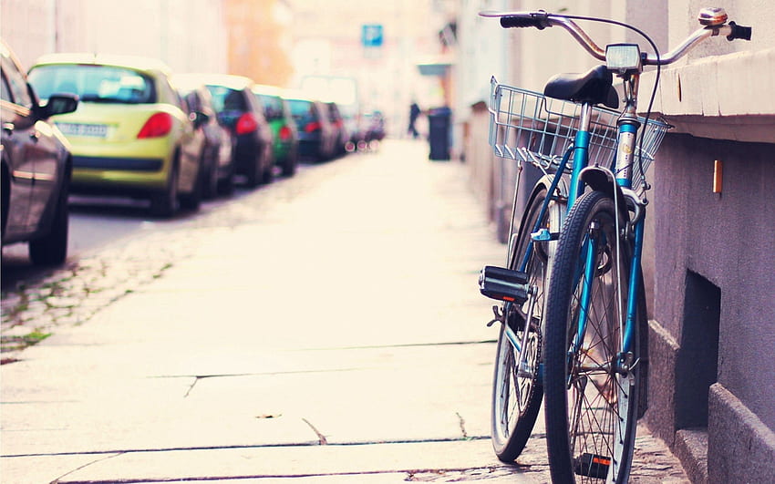 Ciudades, Coches, Calle, Estacionamiento, Bicicleta, Acera fondo de pantalla