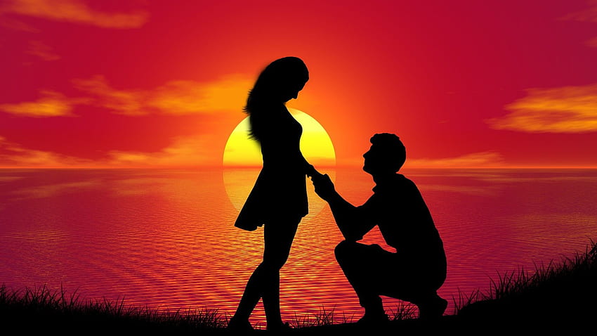 Couple, Sunset, Proposal, Silhouette, Romantic, Love Silhouette HD wallpaper
