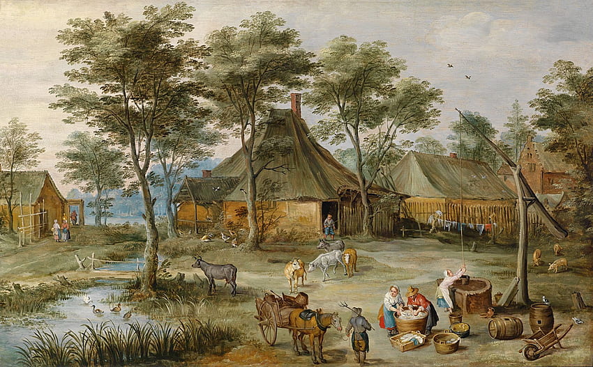 Alte Dorfmalerei, Indianerdorf HD-Hintergrundbild