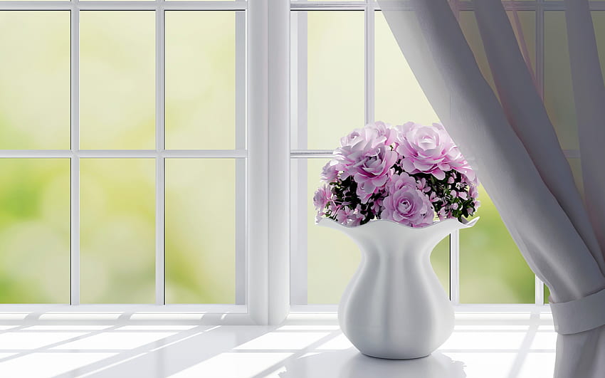 Roses, Flowers, Vase, Window HD wallpaper