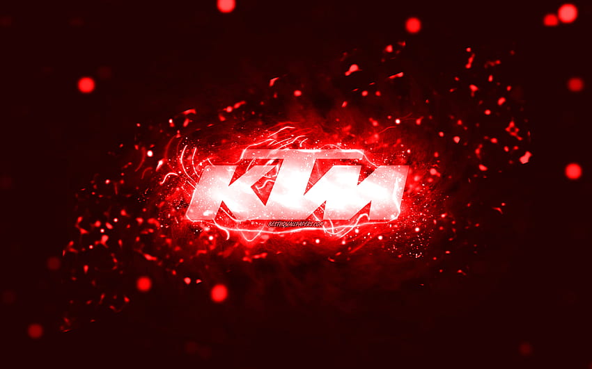 โลโก้ KTM สีแดง, ไฟนีออนสีแดง, สร้างสรรค์, พื้นหลังนามธรรมสีแดง, โลโก้ KTM, แบรนด์, KTM วอลล์เปเปอร์ HD