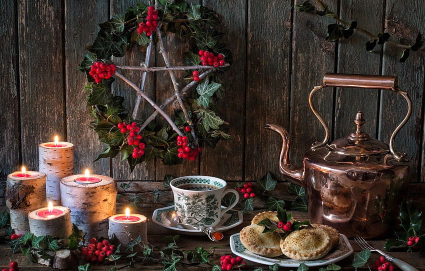 bacche, tè, stella, candele, bollitore, biscotti, tazza, natura morta, Solstizio d'inverno per , sezione еда Sfondo HD