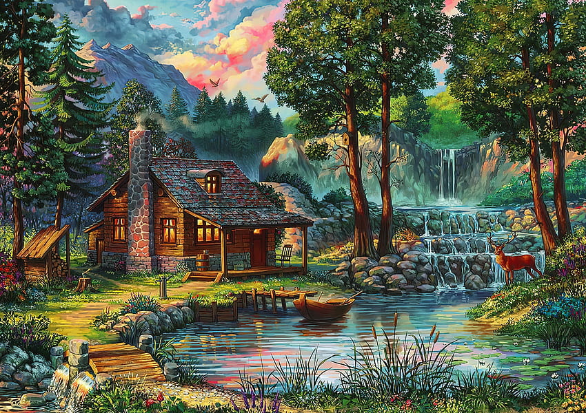 Fairytale house, wooden, boat, fairytale, art, house, paradise, serenity, mountain, painting, deer, waterfall, cascades, cottage, countryside, pond HD wallpaper