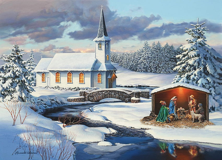 Church Nativity, river, stable, painting, christmas, snow, landscape, jesus, child HD wallpaper