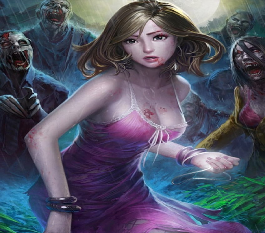Running From Zombies, pink dress, zombies, rain, fantasy, blood, woman HD wallpaper