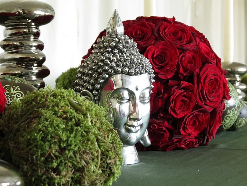 ✿, style, bouquet, smile, decor, beautiful, statue, buddha, love, green, ball, christmas, red roses, feng shui, foreversilver, home HD wallpaper