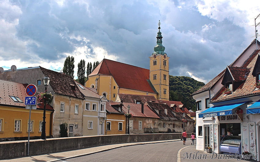 Street in Samobor, Croatia, street, church, houses, Croatia HD wallpaper