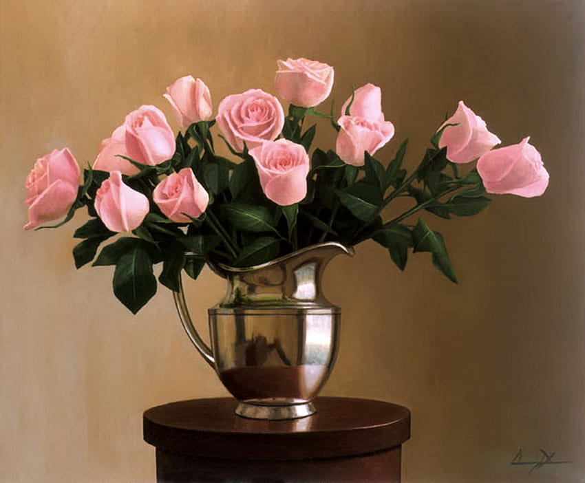 Blushing roses, pink, roses, light, brass vase, soft color HD wallpaper