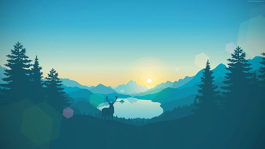 Płaski kraj, minimalizm, jeleń, jezioro, góry — Firewatch — — Tapeta HD
