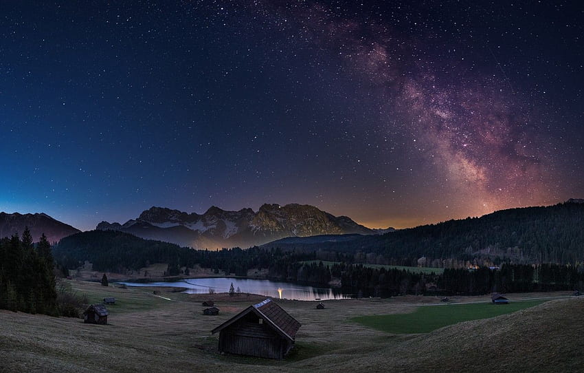 forest, stars, mountains, night, lake, Alps, The milky, Alpine Night HD wallpaper