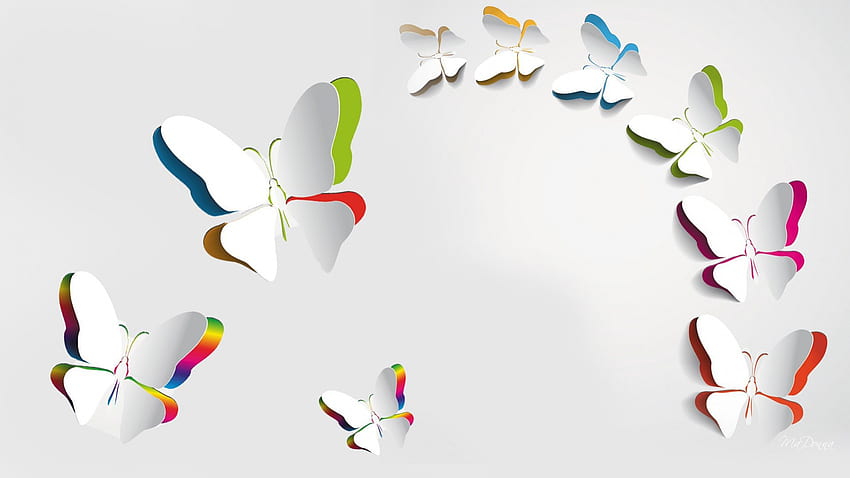 Papierschmetterlinge, Ausschnitte, bunt, weiß, Papillon, Papier, Collage, Schmetterlinge, Regenbogen, 3D HD-Hintergrundbild