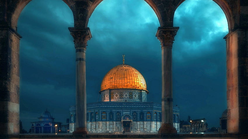 โค้งโดม มัสยิด อิสราเอล เยรูซาเล็ม ท้องฟ้าแห่งหิน โดมออฟเดอะร็อค ตอนกลางคืน เยรูซาเล็ม อิสราเอล วอลล์เปเปอร์ HD