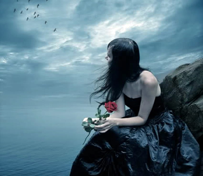 Lost In Thoughts, blue, lady, black, thinking, sky HD wallpaper
