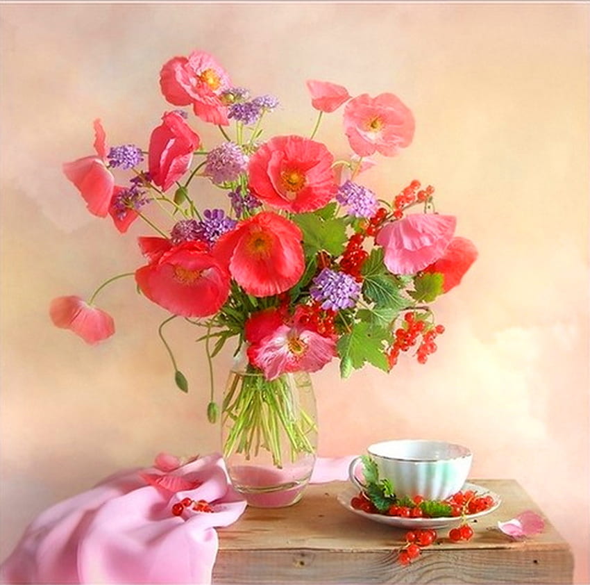 A spot of tea - still life, purple, green, red, colors, flowers, tea cup, spring HD wallpaper
