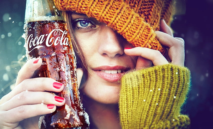 Beauty, winter, model, girl, hand, woman, bottle, add, face, coca cola, commercial, hat HD wallpaper