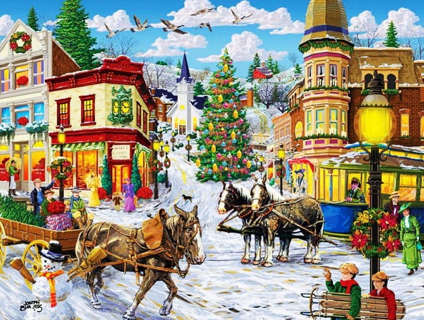 Agnes' Cornershop, winter, town, carts, houses, artwork, horses, painting, snow, christmas HD wallpaper