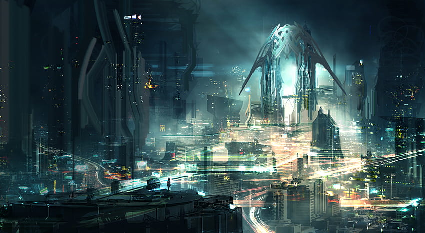 Ciudad futurista y , paisaje de ciudad futurista fondo de pantalla