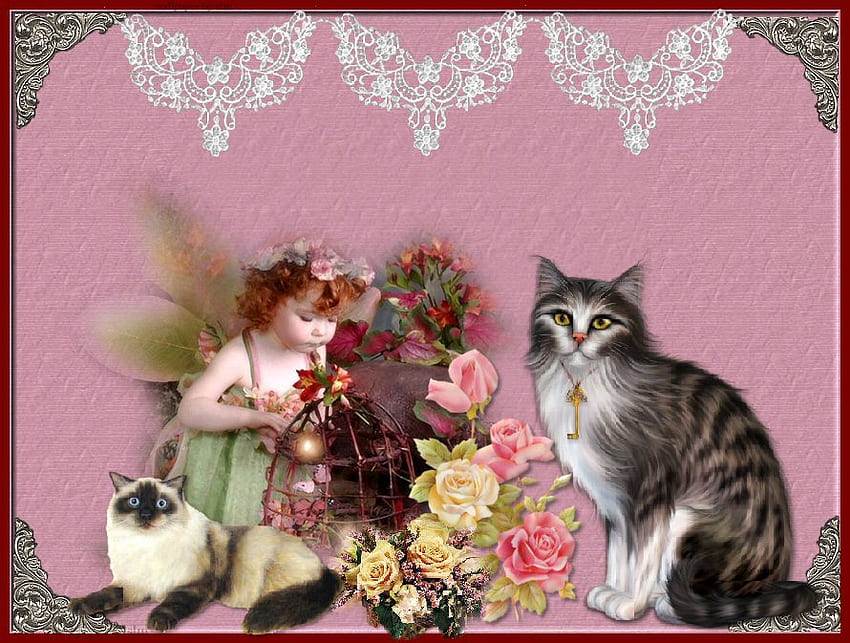 viktorianisches kind mit ihren katzen von slm, fee auf rosa, katzen, ostern, blumen, spitze, viktorianisch HD-Hintergrundbild